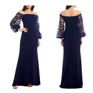 Eliza J Navy 3D Floral Sleeve Scuba Crepe Gown Dress 2